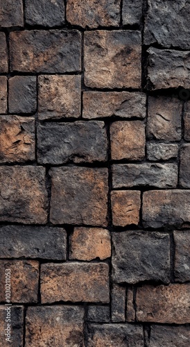 Textured dark brick wall with rusty highlights showing age and character in an urban setting