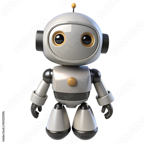  android robot, in a silver shade, 3D effect, isolated on a white background