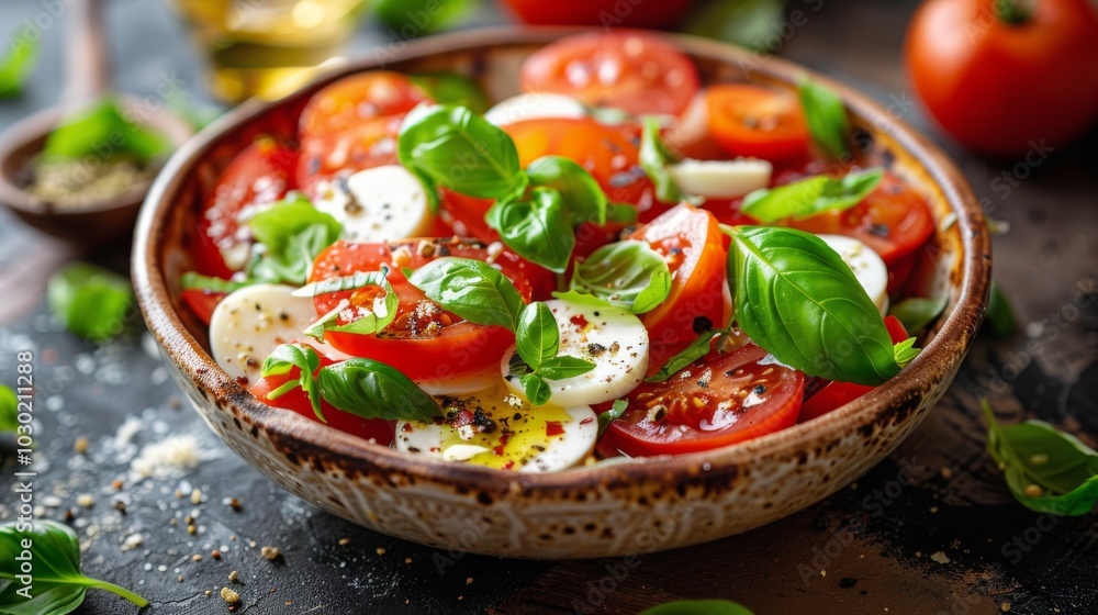 Fresh mozzarella and tomato salad garnished with basil in a rustic bowl on a wooden table Fresh mozzarella and tomato salad garnished with basil in a rustic bowl on a wooden table