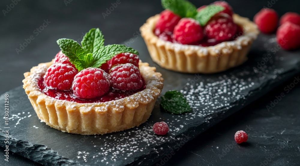 Delicious raspberry tarts with fresh mint served on a slate platter Delicious raspberry tarts with fresh mint served on a slate platter