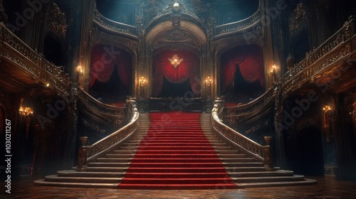 A grand staircase with a red carpet leading up to a balcony in a dimly lit, ornate hall.