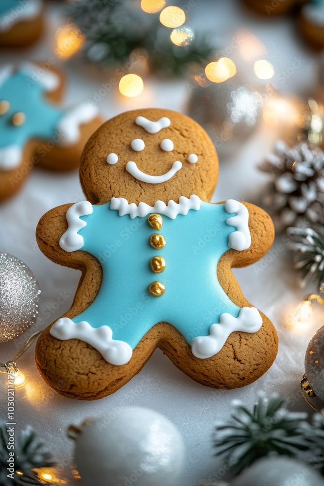 Delightful gingerbread cookie decorated with icing surrounded by festive holiday decor Delightful gingerbread cookie decorated with icing surrounded by festive holiday decor