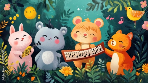 Four cute animals play music in a lush forest with a bird singing, a sun, and flowers.