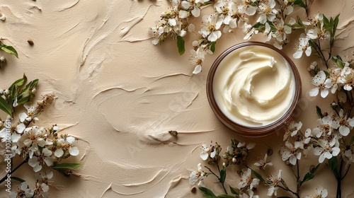 Cream container on soft blue waves showcasing skincare product elegance in br...