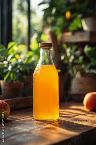Freshly squeezed juice in a glass bottle surrounded by vibrant plants in sunl...