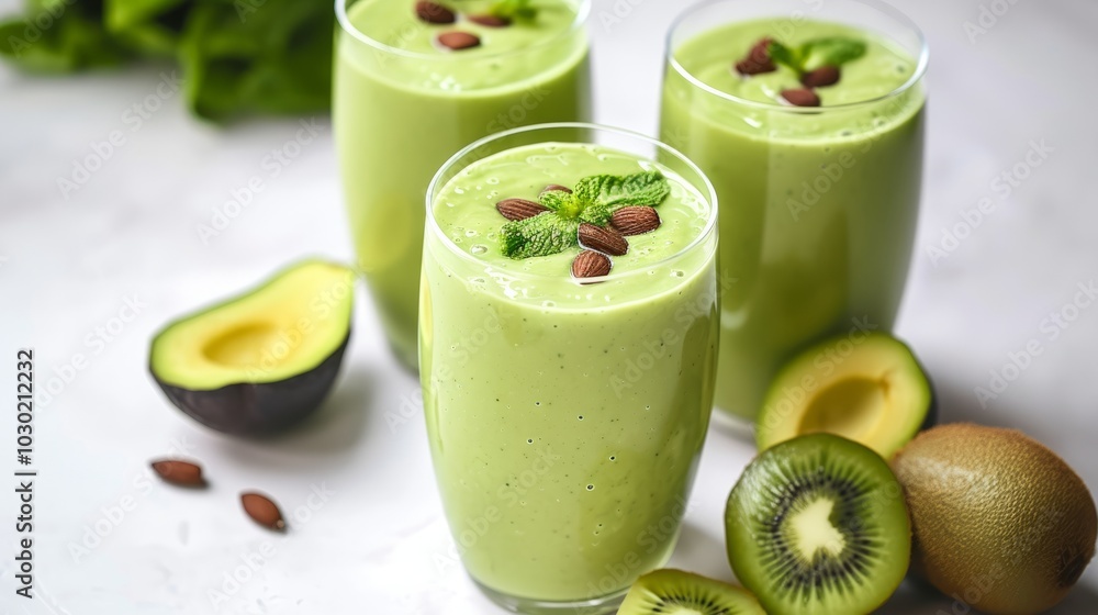 Morning Bliss: Decadent Avocado Smoothies Infused with Grape, Kiwi, Almond, and a Drizzle of Ho Morning Bliss: Decadent Avocado Smoothies Infused with Grape, Kiwi, Almond, and a Drizzle of Ho