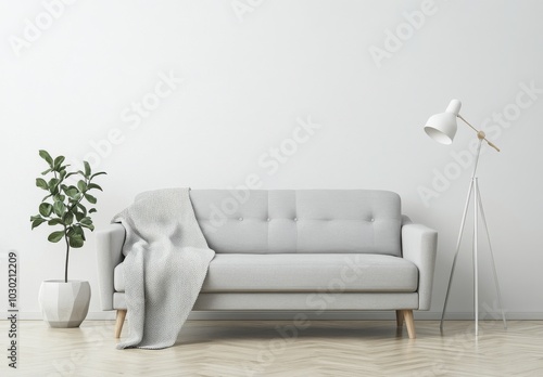 Cozy modern living room setup with a gray sofa and stylish floor lamp in a mi...