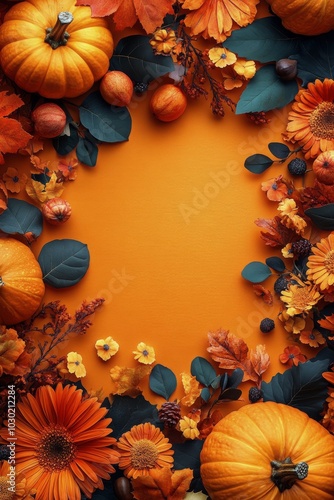 Autumn harvest display with bright oranges, apples, and colorful leaves on a ...