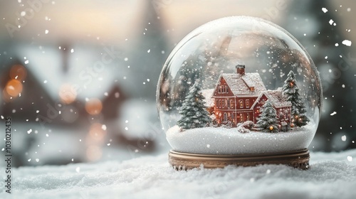 A charming winter snow globe showcasing a cozy village with warm lights surro...