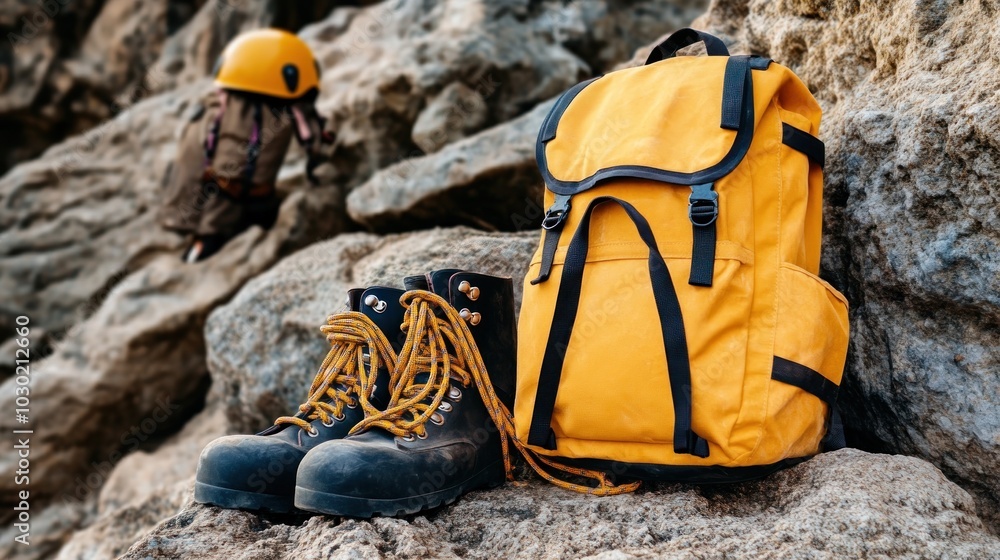 Hiking Boots, Backpack, and Helmet Resting on Rocks Hiking Boots, Backpack, and Helmet Resting on Rocks