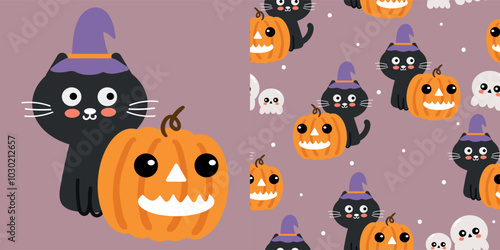 Cute cat card halloween and pattern cartoon cat with ghost and pumpkin halloween. cute halloween wallpaper for fabric print, gift wrap paper