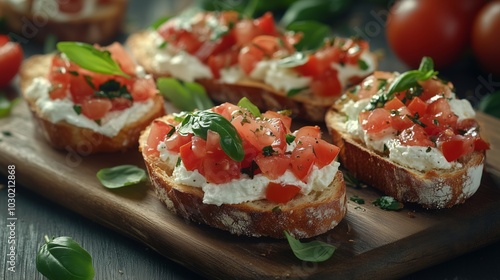 bruschetta with cream cheese and tomato, with fresh greenery on top, fresh baked bread slices, on dark background, with other tostineseen in the backgrounnd