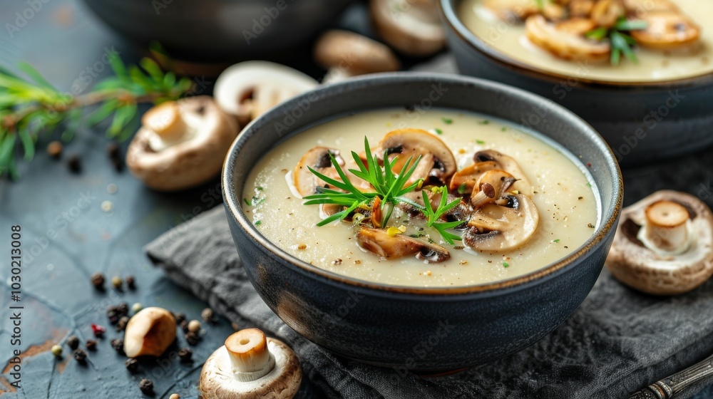 Creamy mushroom soup served in rustic bowls with fresh herbs and spices on a dark table Creamy mushroom soup served in rustic bowls with fresh herbs and spices on a dark table