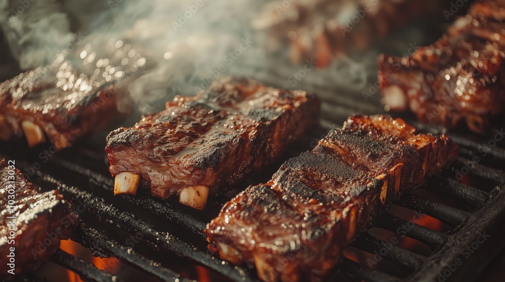 The grill is full of meat, with smoke rising from the flames and golden-brown cracks on it. The close-up shot showcases perfectly grilled short ribs with blackened edges The grill is full of meat, with smoke rising from the flames and golden-brown cracks on it. The close-up shot showcases perfectly grilled short ribs with blackened edges