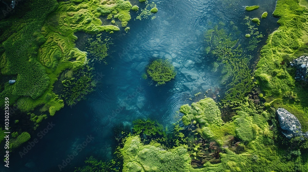 Aerial View of Water with Green Mossy Rocks and Grass Surrounding a Small Blue Patch Aerial View of Water with Green Mossy Rocks and Grass Surrounding a Small Blue Patch