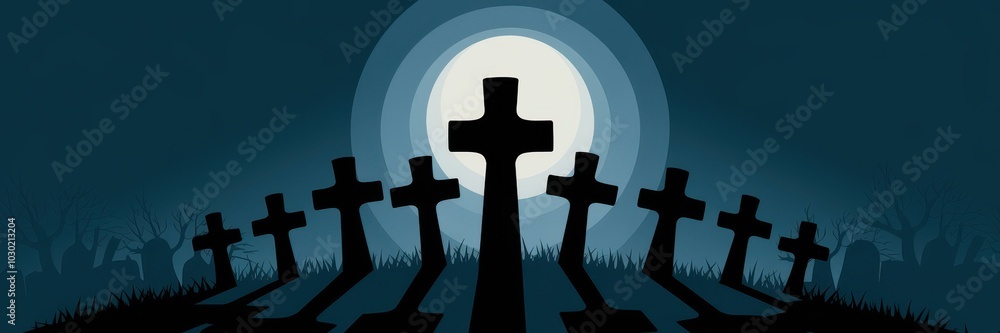 Eerie Halloween Graveyard Silhouette Crosses Moonlight - Spooky Halloween Background Decorations, Events, Promotions Eerie Halloween Graveyard Silhouette Crosses Moonlight - Spooky Halloween Background Decorations, Events, Promotions
