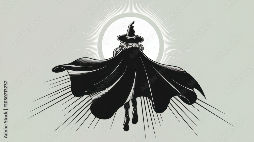 Fototapeta premium Stylized Witch Silhouette Cape Glowing Full Moon - Perfect Halloween Marketing, Decorations, Spooky Themed Events