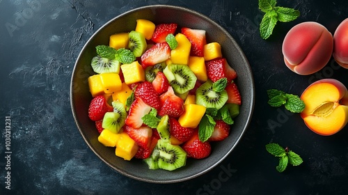 Top view of a fruit salad with strawberries, kiwi and mango on a dark background. On the side there are mint leaves, peaches and apples