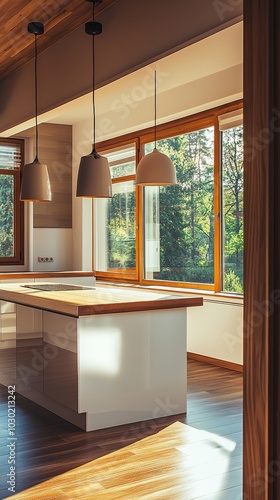 Creative Design Showcasing a Beautiful New Luxury Kitchen Interior Featuring a Kitchen Island and Wooden Flooring, Bright Modern Minimalist Style with Ample Space for Copy, Perfect for Advertising and