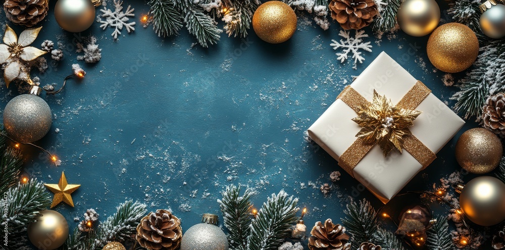 Top view of Merry Christmas and Happy Holidays greeting card, frame, banner. New Year. Noel. Christmas gold and white ornaments and gifts. Winter xmas holiday theme. Flat lay. Top view of Merry Christmas and Happy Holidays greeting card, frame, banner. New Year. Noel. Christmas gold and white ornaments and gifts. Winter xmas holiday theme. Flat lay.