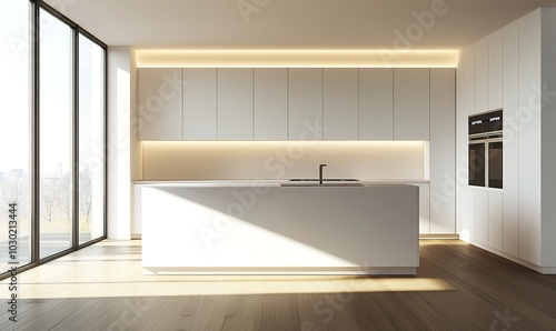 Creative Design Showcasing a Beautiful New Luxury Kitchen Interior Featuring a Kitchen Island and Wooden Flooring, Bright Modern Minimalist Style with Ample Space for Copy, Perfect for Advertising and