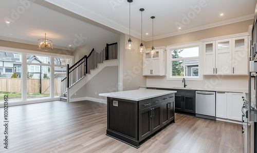 Creative Design Showcasing a Beautiful New Luxury Kitchen Interior Featuring a Kitchen Island and Wooden Flooring, Bright Modern Minimalist Style with Ample Space for Copy, Perfect for Advertising and