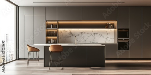Creative Design Showcasing a Beautiful New Luxury Kitchen Interior Featuring a Kitchen Island and Wooden Flooring, Bright Modern Minimalist Style with Ample Space for Copy, Perfect for Advertising and