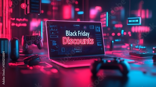 A laptop screen displaying glowing “Black Friday Discounts” text, with tech items like smartphones, gaming controllers, and monitors popping out in an explosive fashion, vibrant neon light effects,