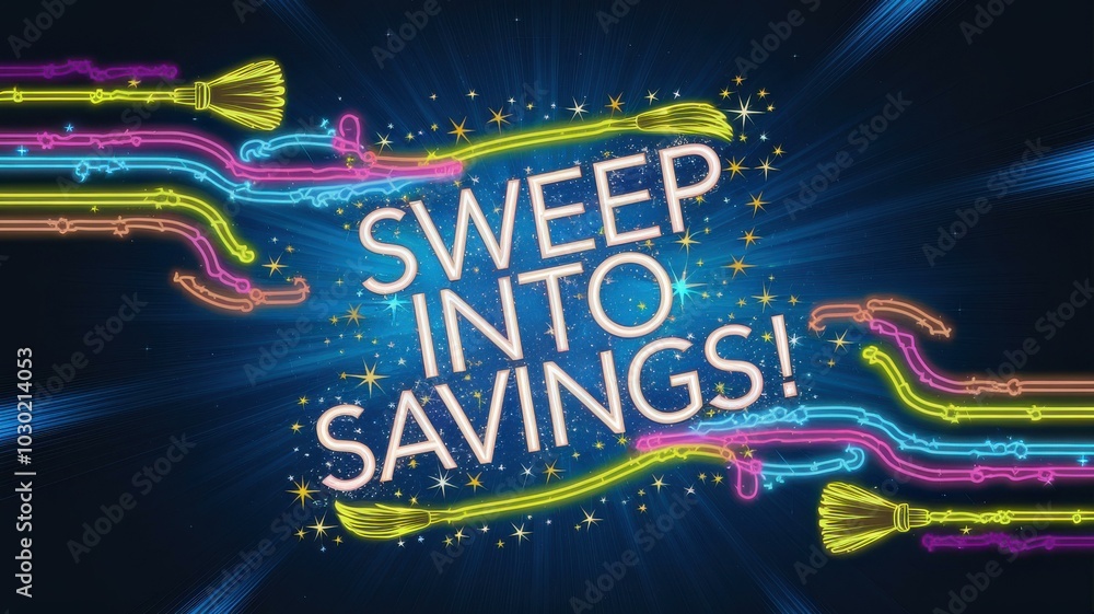 Fototapeta premium Colorful Neon Broomstick Illustration Halloween Black Friday Sales Promotions - Eye-Catching Marketing Graphic Seasonal Discounts