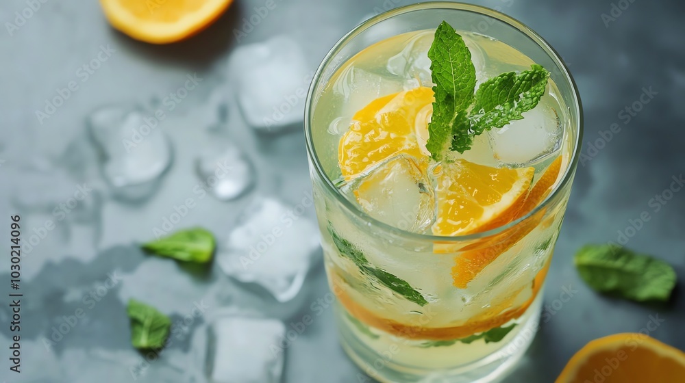 Fototapeta premium A refreshing orange drink with mint and ice.