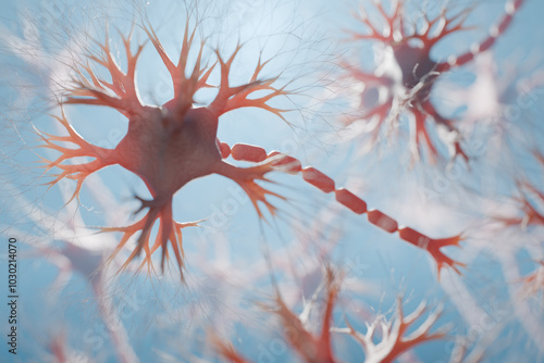 Neuron cells in human brain. Neurology and neural networks concept. 3D rendered illustration.