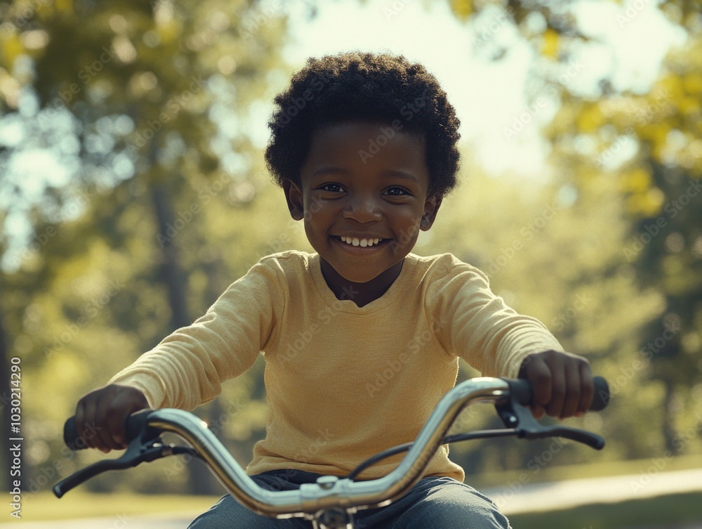 Obraz premium Joyful Little Boy Smiling on Bicycle