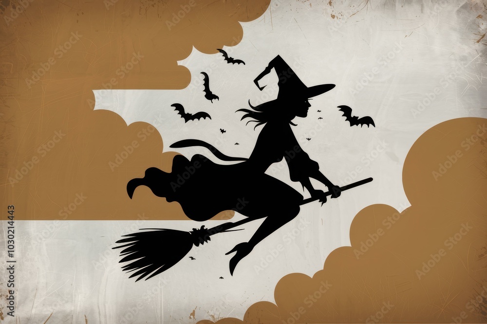 Fototapeta premium Vintage Halloween Witch Silhouette Flying Broomstick Bats - Perfect Halloween Marketing, Party Invitations, Spooky Decor