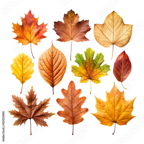 Autumn leaves collection, isolated on white background, png cut out 