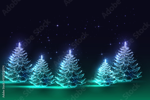 Abstract winter forest design with glowing pine trees on dark starry background. Christmas night
