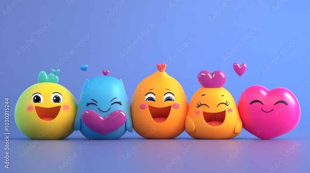A group of five happy cartoon emojis with hearts. A group of five happy cartoon emojis with hearts.