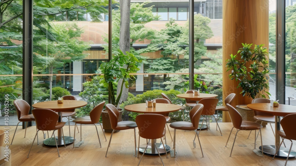Fototapeta premium Modern Cafe Interior with Large Windows and a View of Greenery