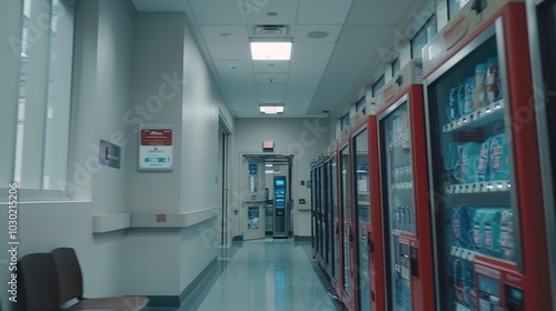 A Narrow Hospital Corridor with Vending Machines at the End