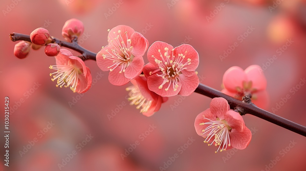 Close-up of Delicate Pink Plum Blossoms in Bloom, Spring Floral Nature Background, Soft Focus Close-up of Delicate Pink Plum Blossoms in Bloom, Spring Floral Nature Background, Soft Focus