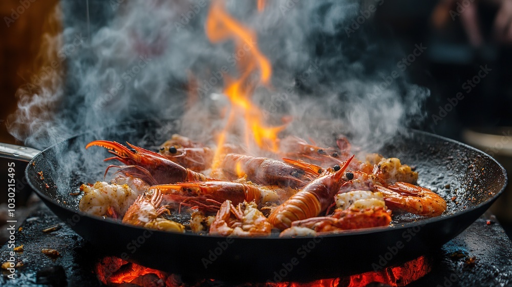 Shrimp and crab are cooked in a frying pan, the fire is burning, smoke is rising Shrimp and crab are cooked in a frying pan, the fire is burning, smoke is rising