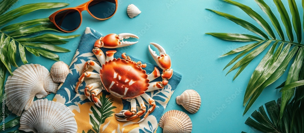 A red crab on a blue and yellow tropical patterned towel with palm leaves, seashells, and sunglasses on a blue background. A red crab on a blue and yellow tropical patterned towel with palm leaves, seashells, and sunglasses on a blue background.
