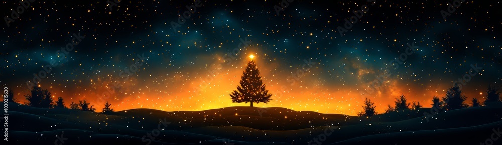 Fototapeta premium Isolated golden Christmas tree against a night sky background.