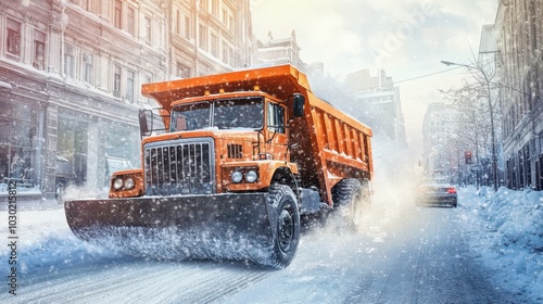 Large orange dump truck plowing snow on a city street during winter