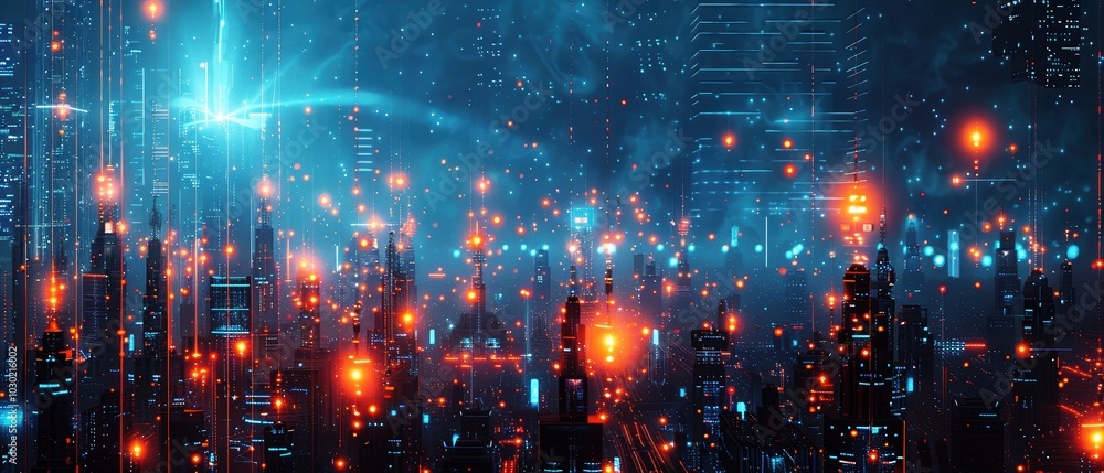 Obraz premium Futuristic Cityscape with Floating Lights and Technology
