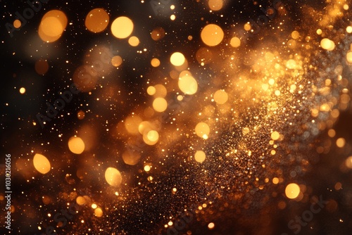 A golden sparkle glitters with bokeh effect and selective focus. Festive background with bright gold lights. A champagne bubble floats on a calm background. A Christmas mood concept. Copy space,