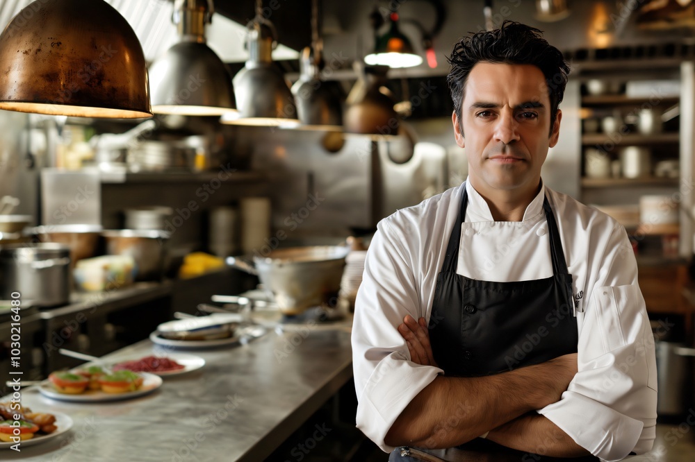 Confident mature chef standing with arms crossed in a commercial kitchen with plated food in the foreground Confident mature chef standing with arms crossed in a commercial kitchen with plated food in the foreground