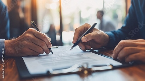 Business owners reviewing a loan agreement and signing paperwork in a professional setting Stock Photo with side copy space