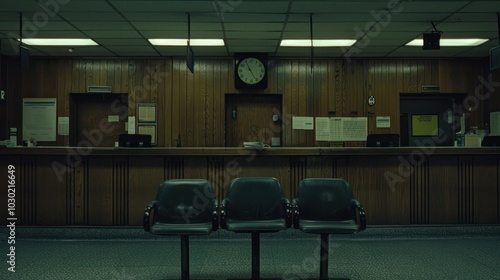 Three Empty Chairs in a Dark and Silent Waiting Room photo