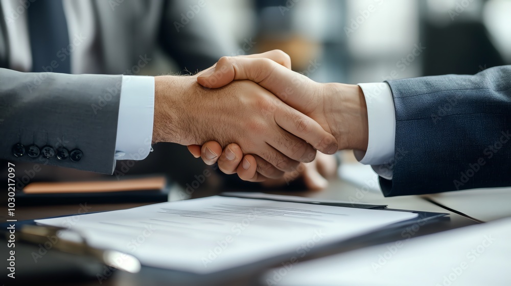 Two businessmen shaking hands over a contract. Two businessmen shaking hands over a contract.