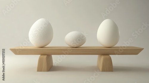 A wooden scale balanced on top of two large balls against a white background